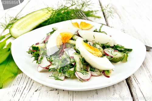 Image of Salad with radish and egg in plate on light board