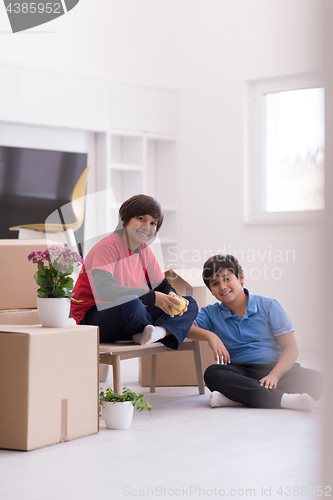 Image of boys with cardboard boxes around them