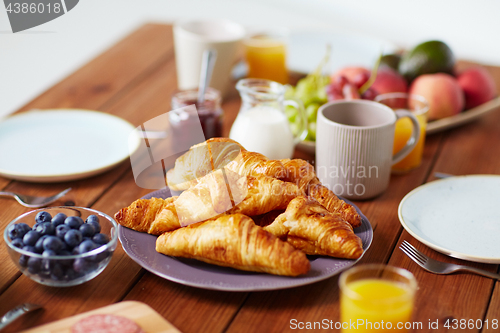 Image of plate of croissants on wooden table at breakfast