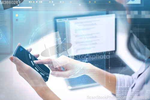 Image of close up of businesswoman with smartphone