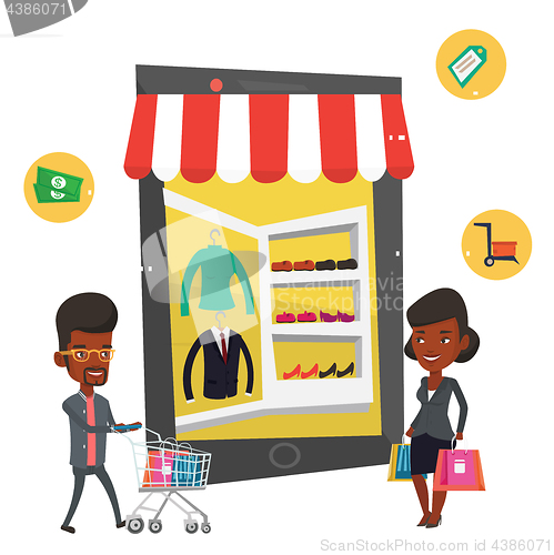 Image of African man and woman using mobile shopping.