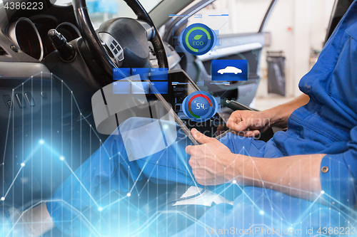 Image of mechanic man with tablet pc making car diagnostic