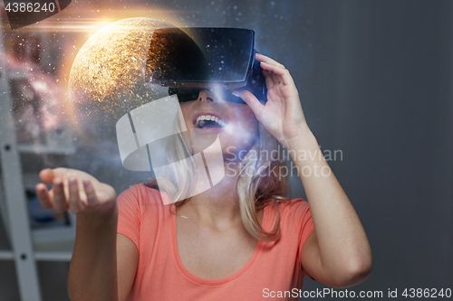 Image of woman in virtual reality headset or 3d glasses