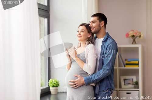 Image of man hugging pregnant woman at window at home