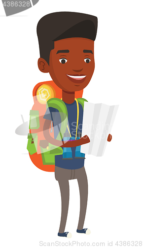 Image of Traveler with backpack looking at map.