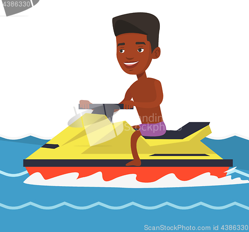 Image of African-american man training on jet ski in sea.