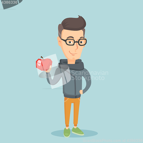 Image of Young man holding apple vector illustration.