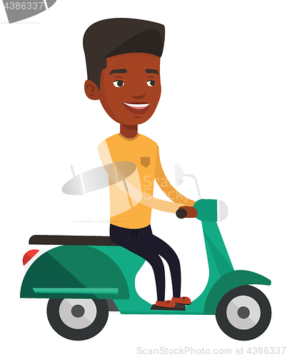 Image of Young african-american man riding scooter.