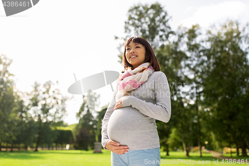 Image of happy pregnant asian woman at park