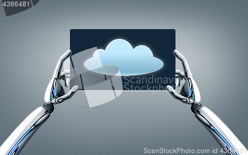 Image of robot hands with cloud image on tablet pc screen