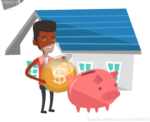 Image of Man puts money into piggy bank for buying house.