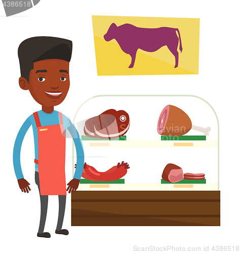 Image of Butcher offering fresh meat in butchershop.