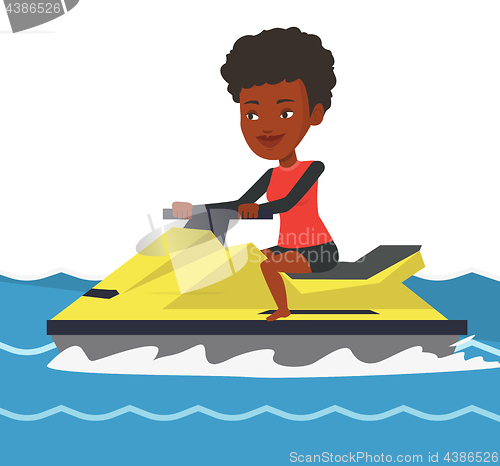 Image of African-american woman training on jet ski in sea.