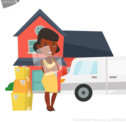 Image of Woman moving to house vector illustration.