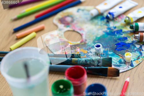 Image of palette, brushes and paint tubes on table