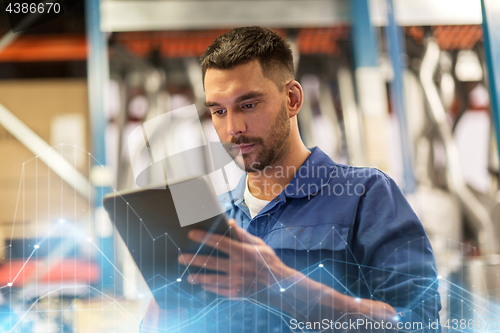 Image of auto mechanic or smith with tablet pc at workshop