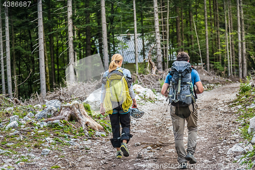 Image of Rear view of two young active couple walking down the trail path on forest.