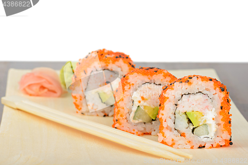 Image of Closeup California maki sushi in row