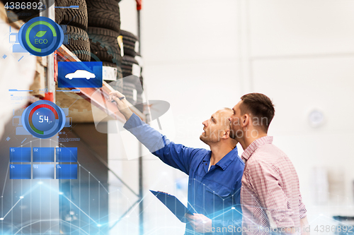 Image of auto mechanic with clipboard and man at car shop