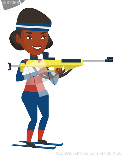 Image of Cheerful biathlon runner aiming at the target.