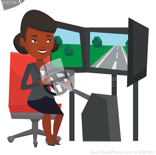 Image of Woman playing video game with gaming wheel.