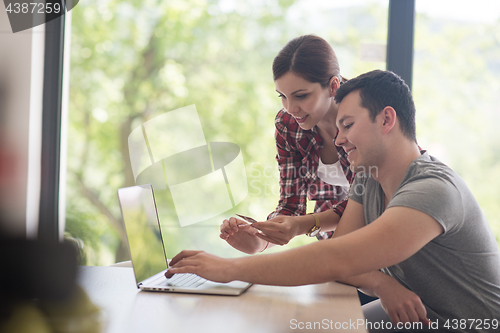 Image of happy young couple buying online