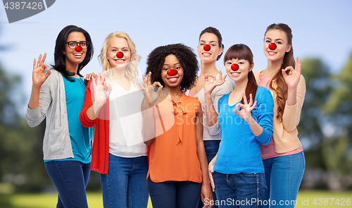 Image of group of women showing ok sign at red nose day