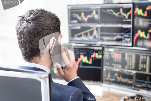 Image of Over the shoulder view of computer screens and stock broker trading online.