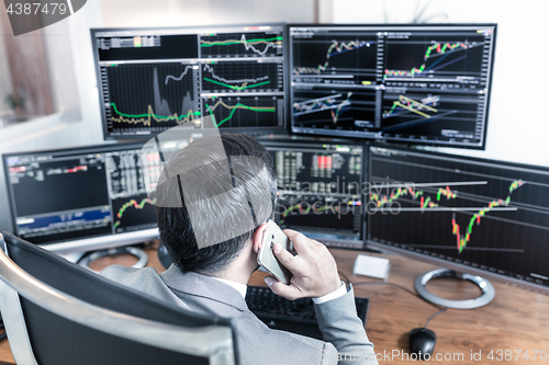 Image of Over the shoulder view of computer screens and stock broker trading online.