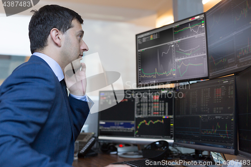 Image of Stock broker trading online watching charts and data analyses on multiple computer screens.