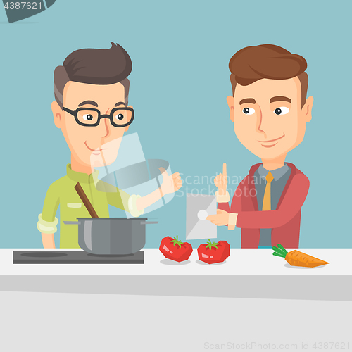 Image of Men cooking healthy vegetable meal.