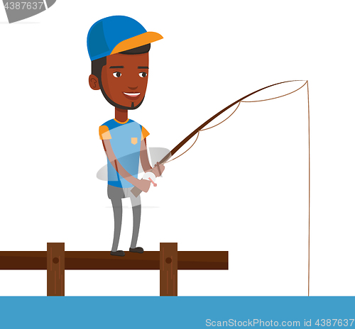 Image of Man fishing on jetty vector illustration.