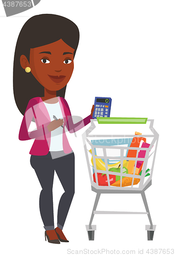 Image of African woman counting prices on calculator.