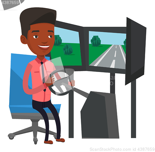 Image of Man playing video game with gaming wheel.