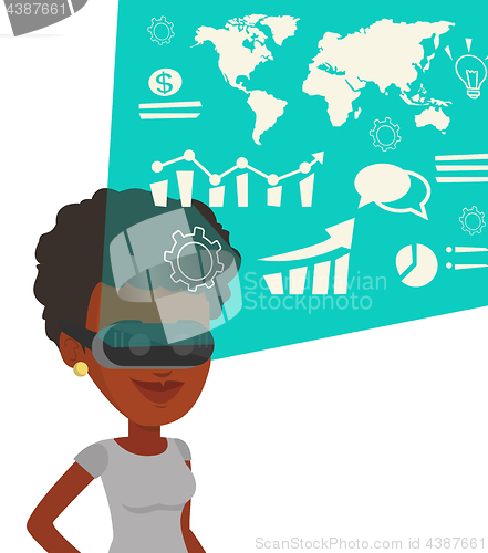 Image of Businesswoman in vr headset analyzing virtual data