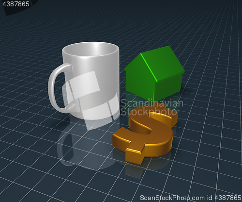 Image of mug, dollar symbol and house model