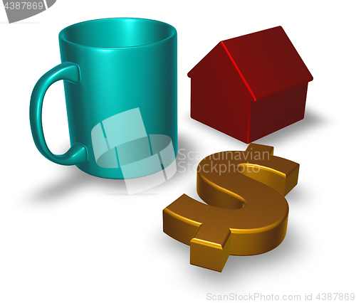 Image of mug, dollar symbol and house model