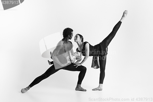 Image of A happy family of ballet dancers on white studio background