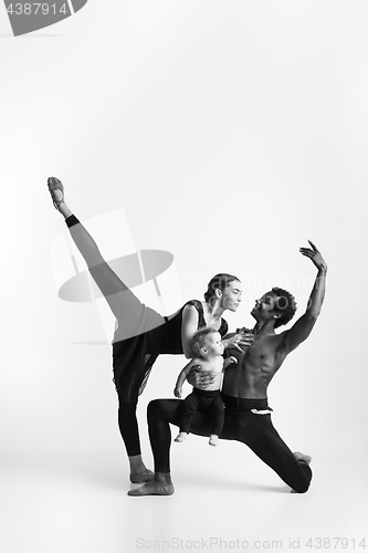 Image of A happy family of ballet dancers on white studio background