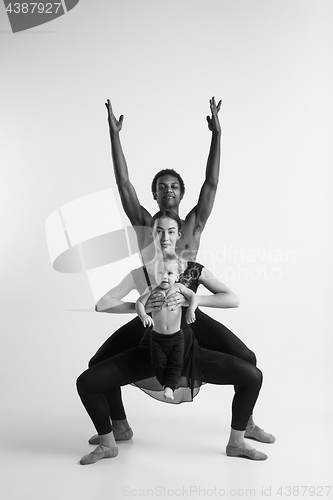 Image of A happy family of ballet dancers on white studio background