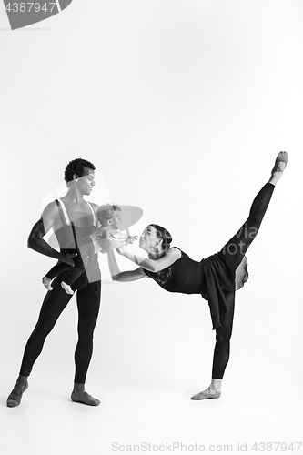 Image of A happy family of ballet dancers on white studio background