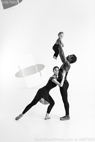 Image of A happy family of ballet dancers on white studio background