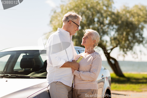 Image of happy senior couple with car in summer