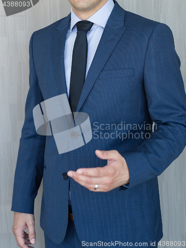 Image of Torso of a businessman standing, making italian hand gesture, wearing navy blue suit.