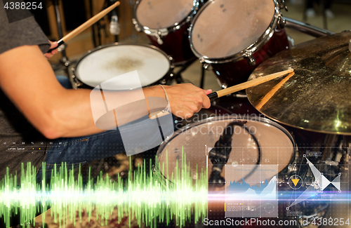 Image of male musician playing drum kit at concert