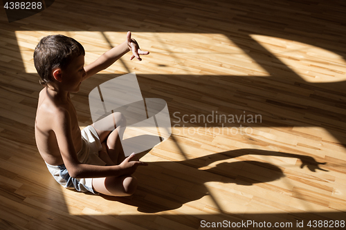 Image of Charming little boy  playing  in theatre of shadows 