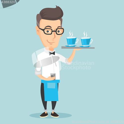 Image of Waiter holding tray with cups of coffeee or tea.