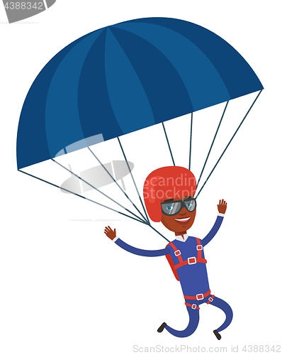 Image of Young happy man flying with parachute.