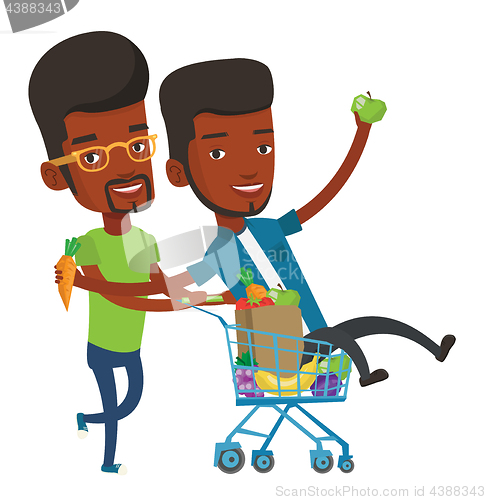 Image of Two friends riding by shopping trolley.