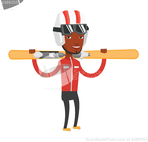 Image of Man holding skis vector illustration.